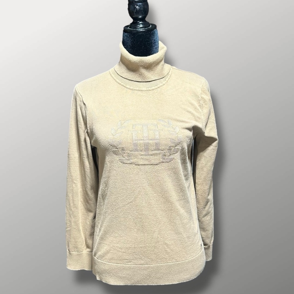 Tommy Hilfiger Women M Tan Knit Turtleneck Sweater Logo Front Cotton Nylon Blend